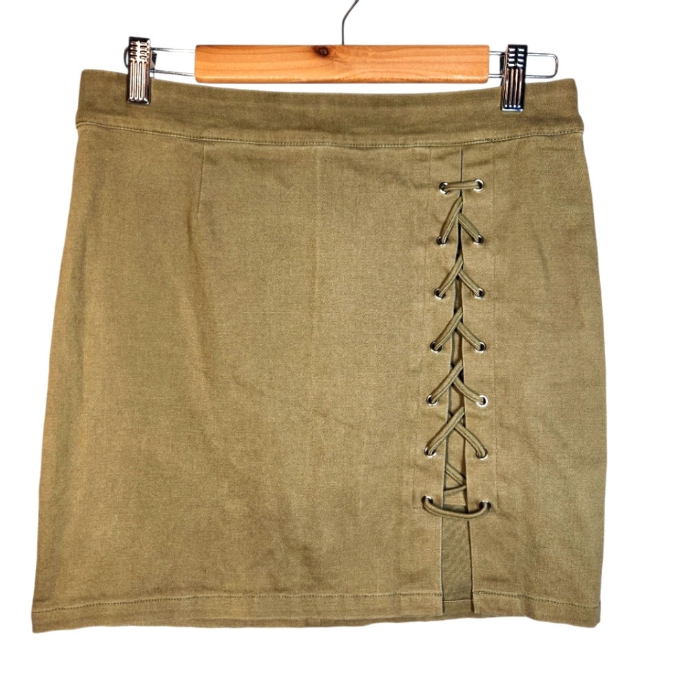 Y2K Charlotte Russe Green Lace Up Mini Skirt Bodycon Grunge Indie Cottagecore L
